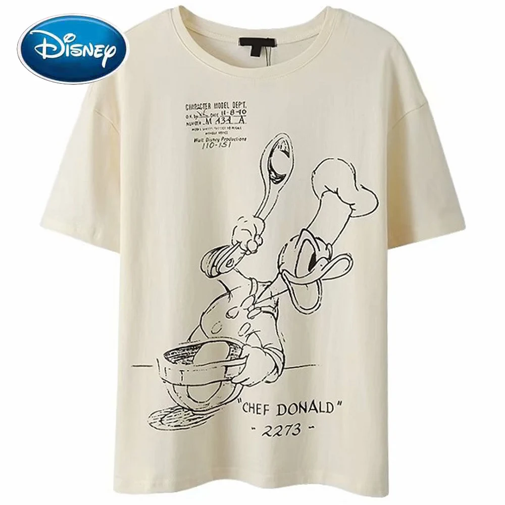 

Disney T-Shirt Harajuku Donald Duck Chef Letter Cartoon Print Short Sleeve Chic Fashion Sweet Women O-Neck Pullover Tee Tops