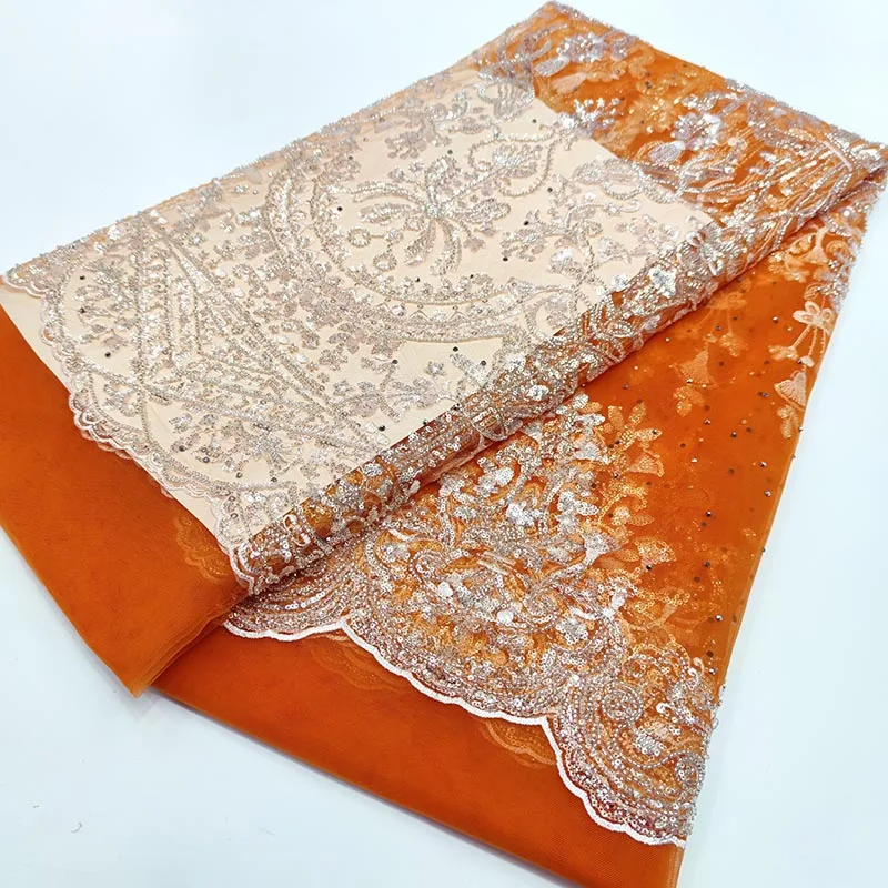 

Французская сетчатая кружевная ткань с Оранжевыми Блестками, кружевная ткань 2022, высококачественный тюль, африканская вуаль, кружево в ниг...