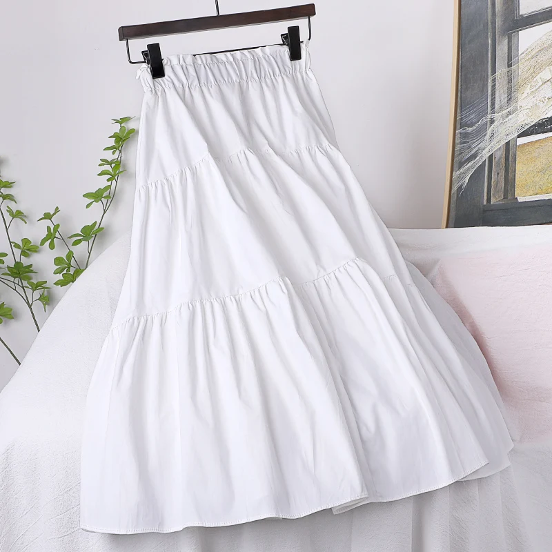 

2021 New Summer Women Elastic Waist Mid-length Solid Color Skirt Stitching Big Hem A-line Skirts Women