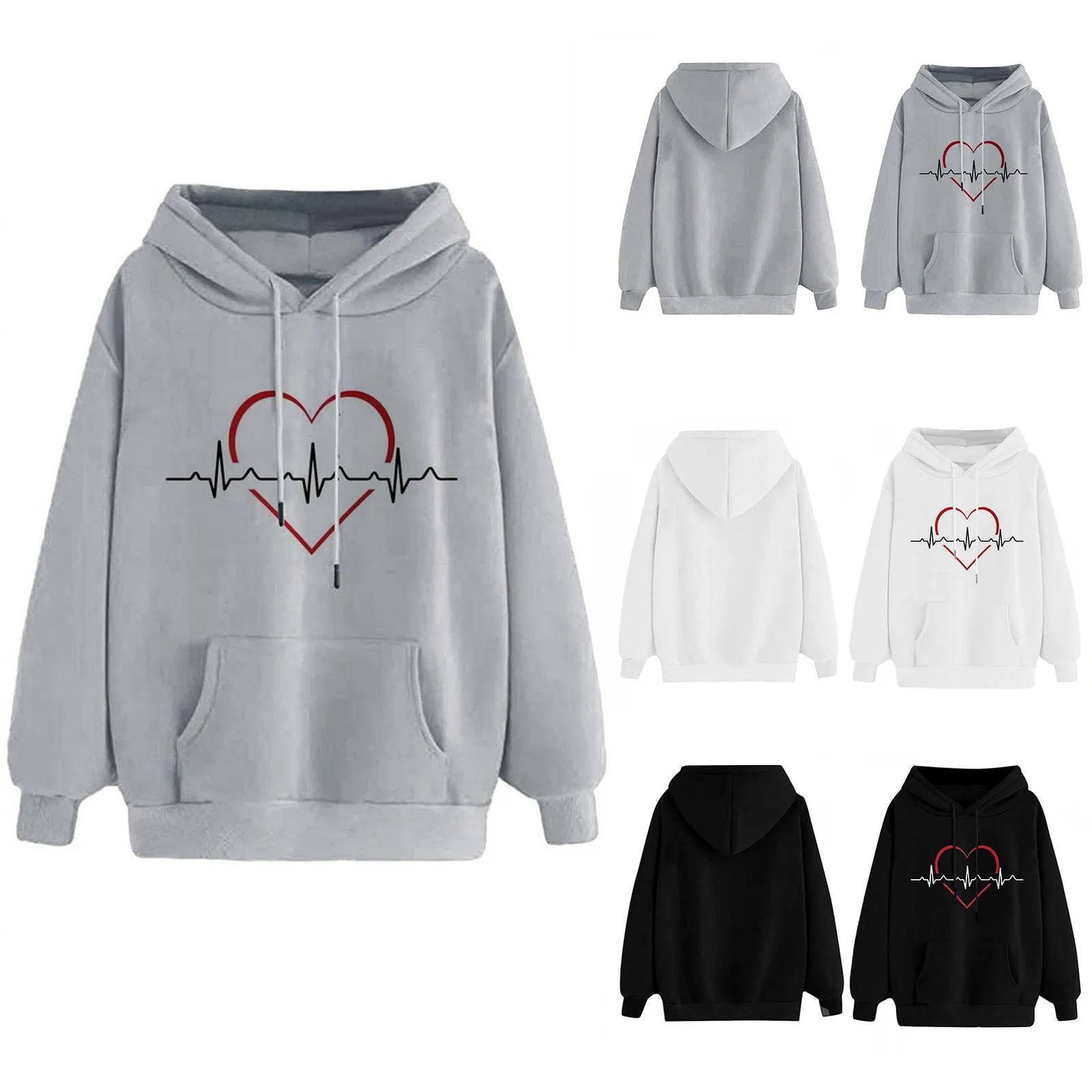 

Толстовка женская с капюшоном, Свободный свитшот с длинным рукавом, худи с электрокардиограммой, пуловер в стиле Харадзюку, женская одежда, ...