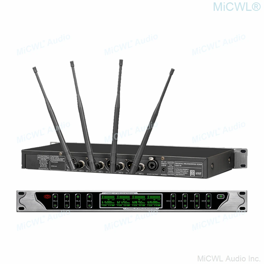 구매 MiCWL-UHF 4 마이크 채널 디지털 무선 마이크, 마이크로폰, 최고 무대 공연 가라오케 시스템, 실버 블랙 핸드 헬드 세트