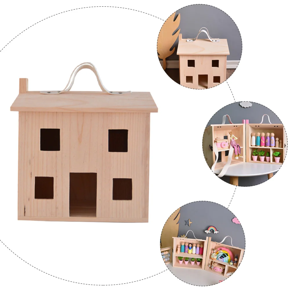 

1pc Decorative Hollow Wooden House with Handle Storage Rack Photo Prop