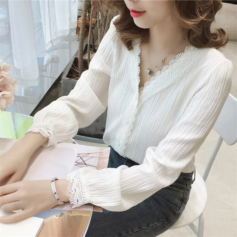 Каймой пуловер шифоновая рубашка для женщин с длинным рукавом и v-образным