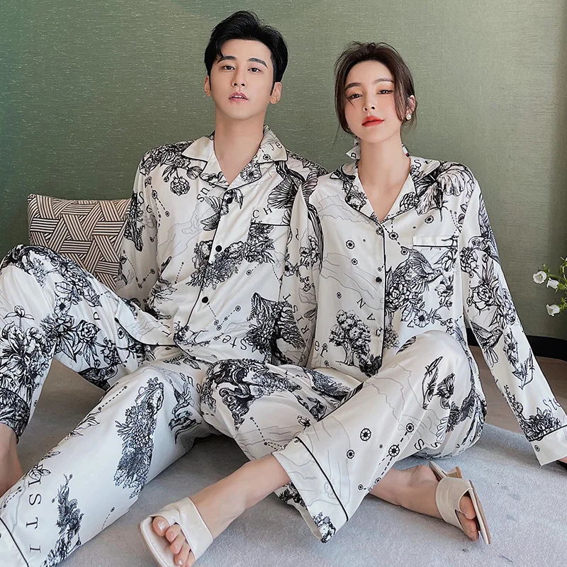 

Long Sleeve Pj's Sexy Pajamas Men Sleepwear Lapel Print Flower Home Wear Couple Rayon 2PCS Sleep Set With Trousers Loungewear