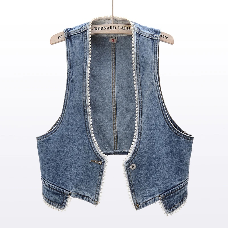 

Femmes Beaded Sleeveless Denim Vest Women Short Waistcoat Jacket 2021 New Spring Korean Basic Coat Outerwear Female Top