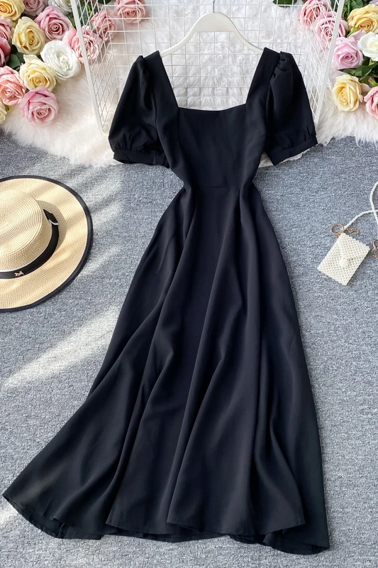 

women's black short sleeve knee length dress Korean solid square Collar streetwear MIDI dress elegant slim fitting party dress