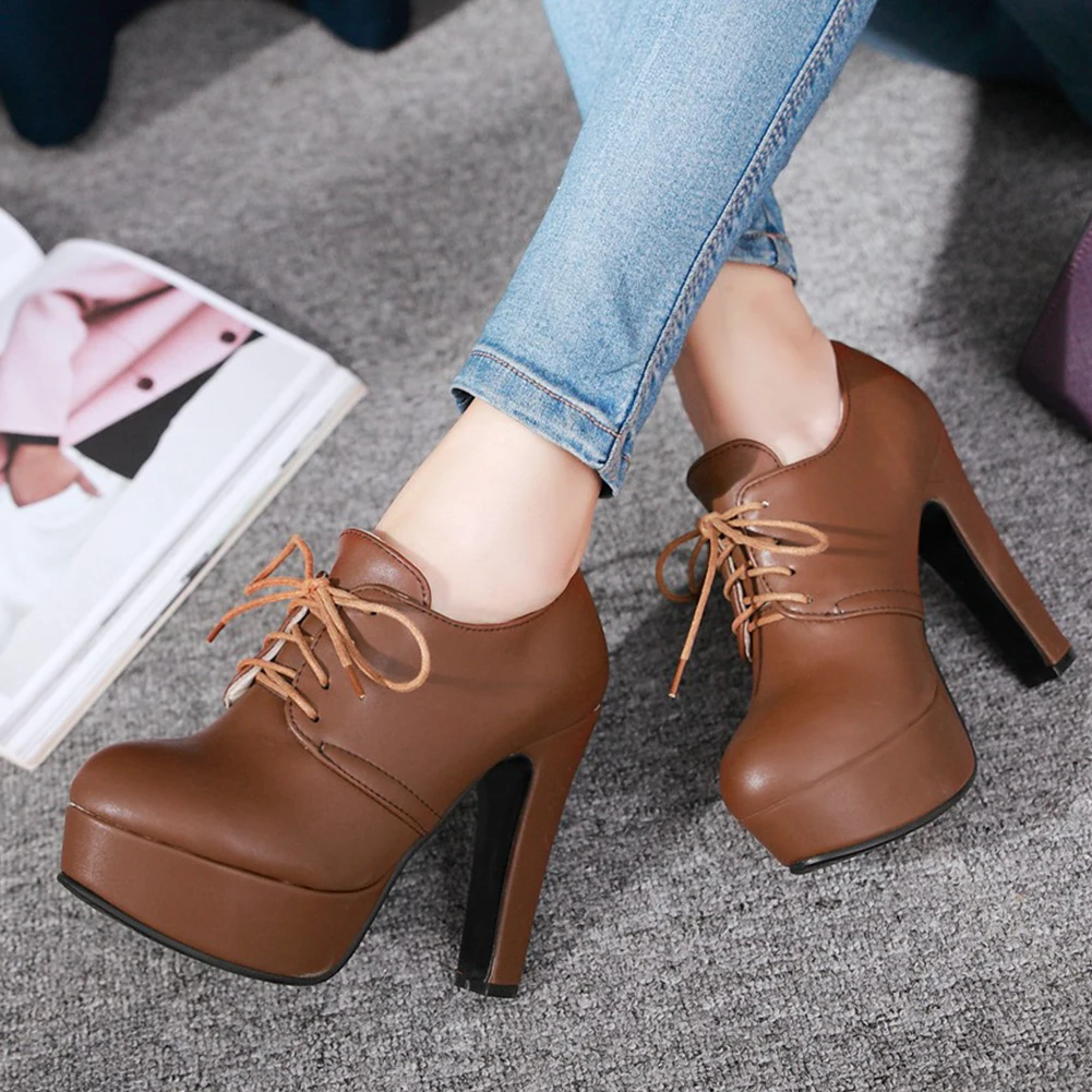 

BONJOMARISA Plus Size 31-44 High Heel Shoes Pumps Woman Black Round Toe Platform shoes lace Pumps Wedding Shoes Women