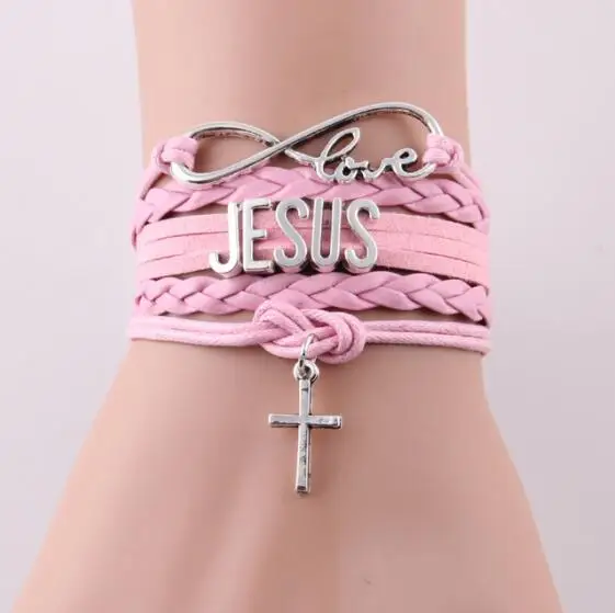 

Jesus Cross Bracelet Black Pink Leather Rope Hand Chain for Men Jewelry
