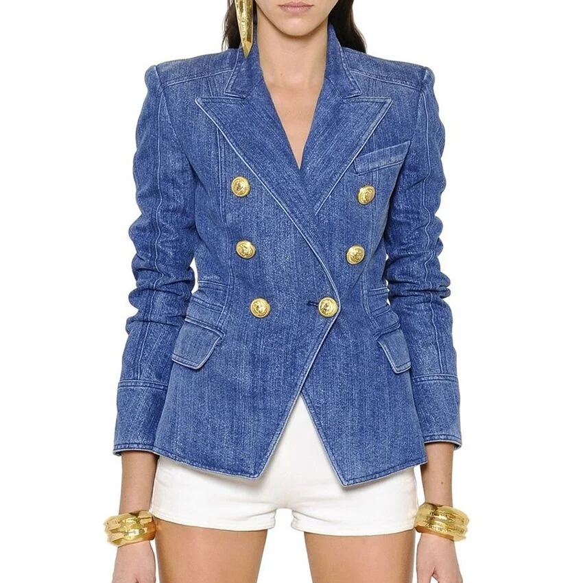 

HIGH STREET New Fashion 2020 Designer Blazer Women's Metal Lion buttons Two-row Denim Blazer Outer Coat