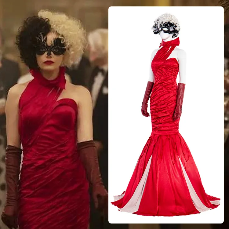

Костюм красного цвета для косплея Cruella, женское вечернее платье для взрослых, парик, карнавальные костюмы на Хэллоуин