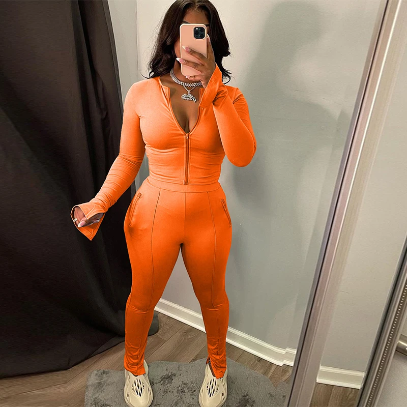 

2021 new spring Women Solid color Two Piece Casual Tracksuits Long Sleeve Zip Up Sweatshirt & Slim Pants Set