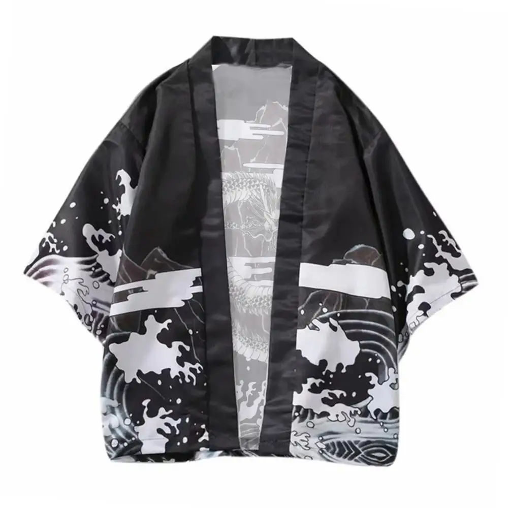 Повседневные мужские рубашки с волнистым драконом кимоно рукавом 3/4 и открытой