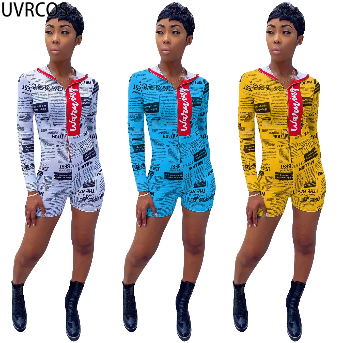 

UVRCOS Hoodie Jumpsuit For Women 2021 Long Sleeve Printed Front Zipper Skinny Slim Rompers Combinaison Femme Short Pant Playsuit