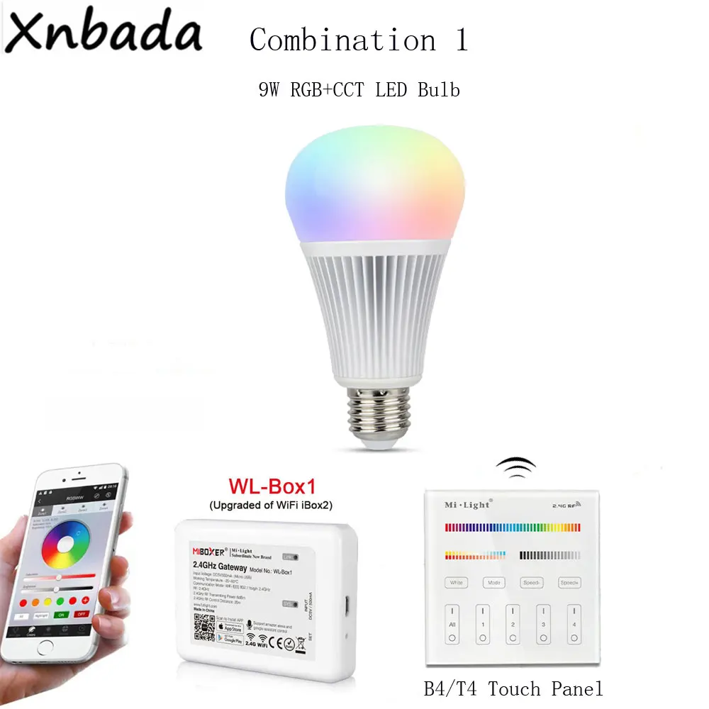 Milight светодиодные лампы 9W RGBCCT+ WL-Box1 светодиодный контроллер DC5V+ 2,4G B4/T4 4-Зона RGB+ CCT сенсорный Панель пульт дистанционного управления
