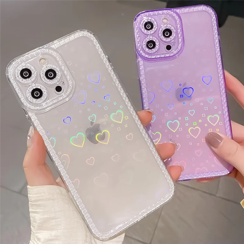 

LUPWAY Love Heart Laser Ultra Thin Clear Case For iPhone 13 12 11 Pro Max XR X XS Max 7 8 Plus SE Laser Gradient Silicone Cover