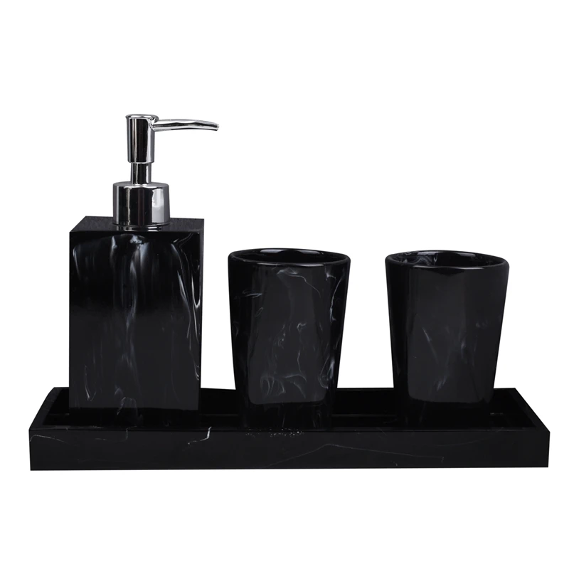 

Marble Texture Bathroom Supplies Black 4Pcs Resin Bathroom Accessories with Dispenser Toothbrush Holder Soap Dispenser