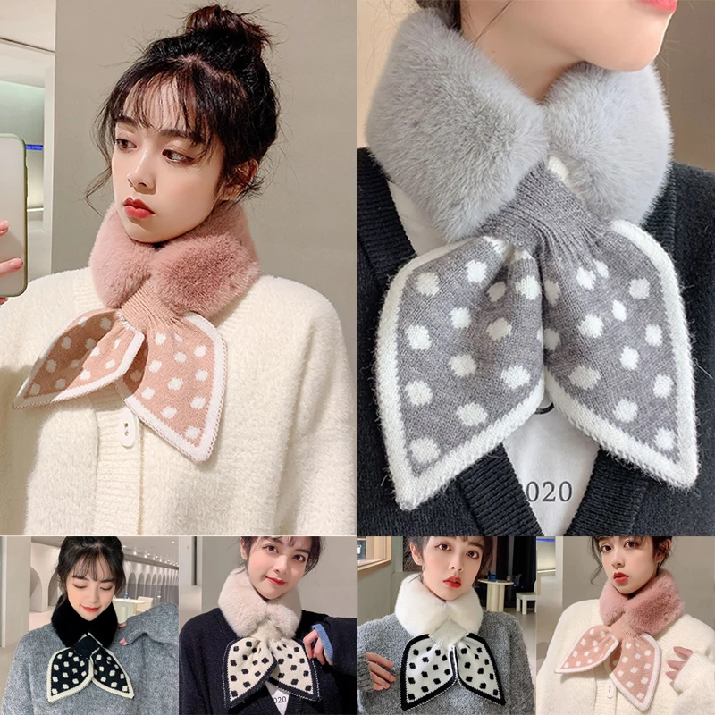 

Winter Warm Faux Rabbit Fur Collar Scarf Neck Cross Polka Dot Scarves Knitting Plush Scarf Solid Color Long Skinny Skin-friendly