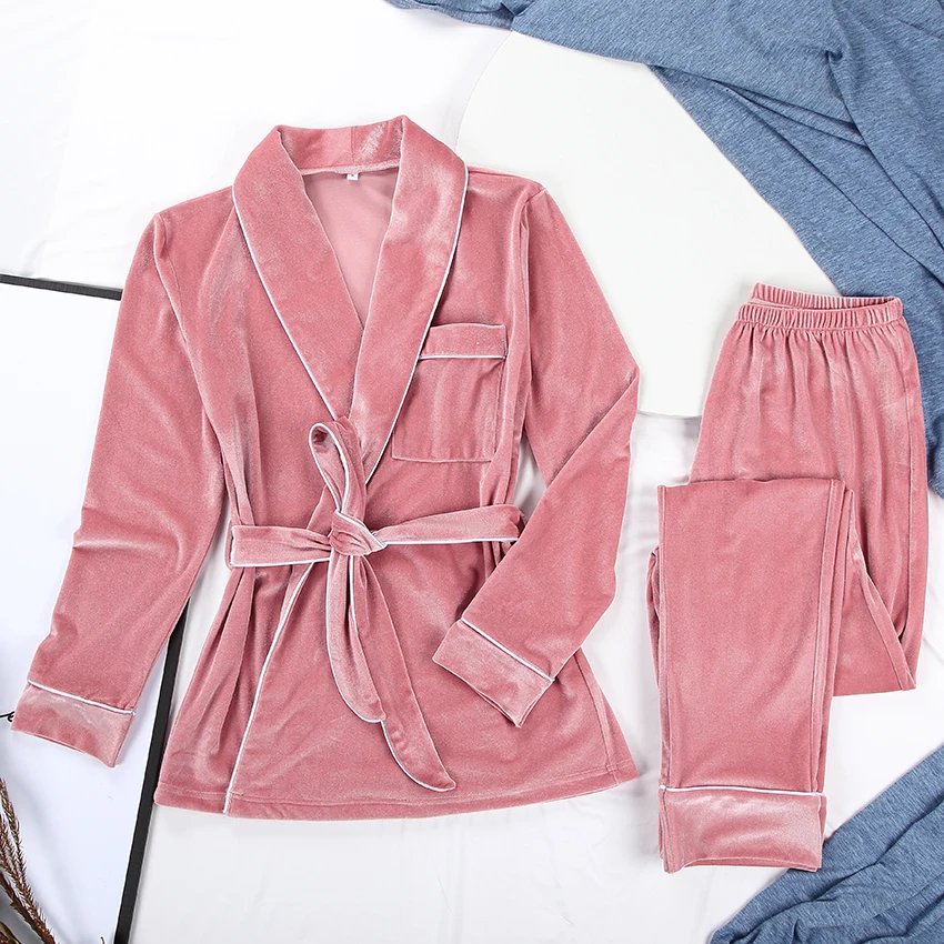 

HiLoc Velvet Warm Pajamas For Women Robes And Pants Solid Pocket Long Sleeve Thick Home Wear Autumn Night Suit Winter Casual