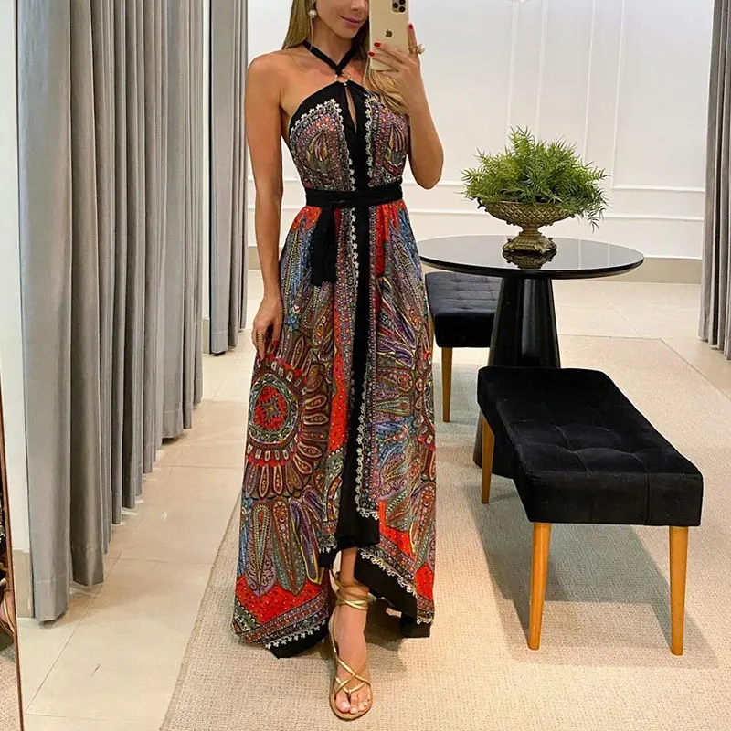 

Summer Women Brach Wear Bohemian Sleeveless Open Back Long Dresses Halter Scarf Print High Slit Maxi Dress For Holiday