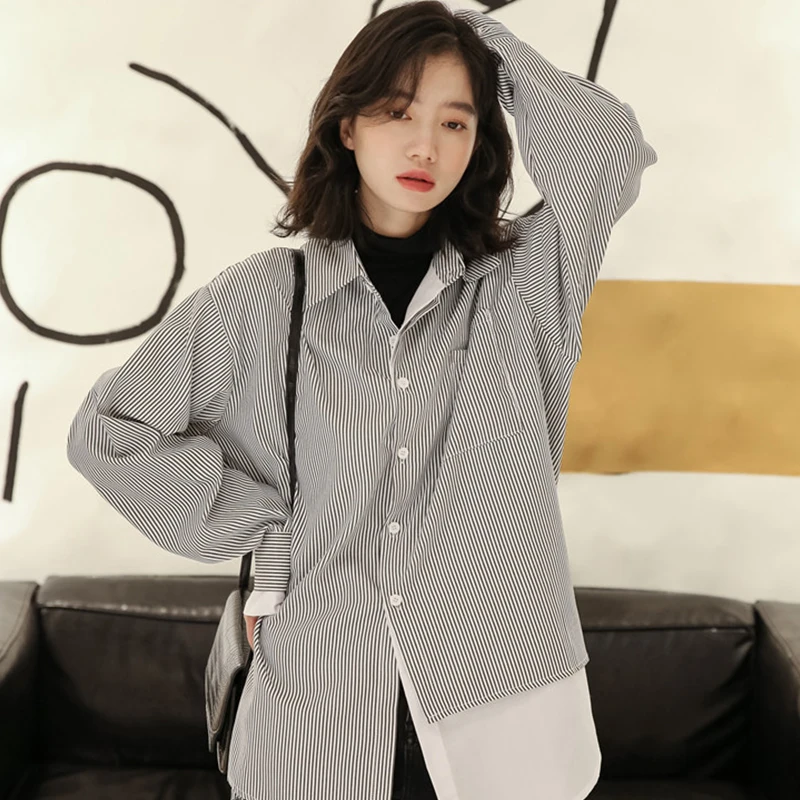 

Striped Cropped Spliced Blouses And Shirts For Ladies Stylish BF Streetwear Cardigan Tops Pocket Office Ladies Leisure Blusas