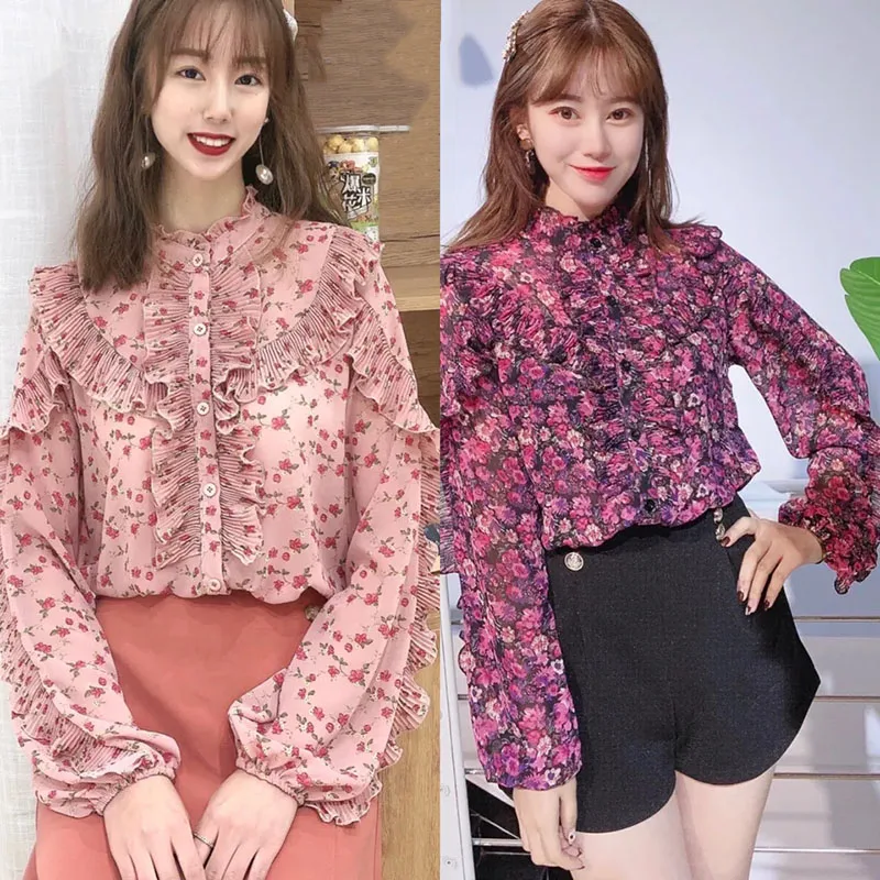 

2021Spring New Korean Ruffles Print Women Shirts Plus Size Long Sleeve Fashion Slim Tops Turn-Down Collar Button Elegant Blouses