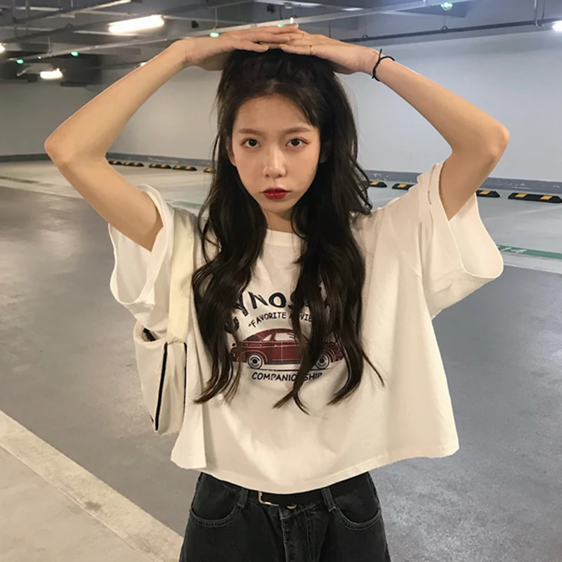 

Vintage Short Sleeved T-Shirt Women Summer 2022 New Korean Version Of Loose High Waist Shorts Tee Tops Ins Harajuku Print Tshirt