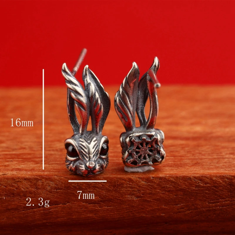 

Retro 925 Sterling Silver Red Eyes Rabbit Stud Earring Red Agate Silver Made Old Fine Jewelry For Women Men Jewelry Hare Design