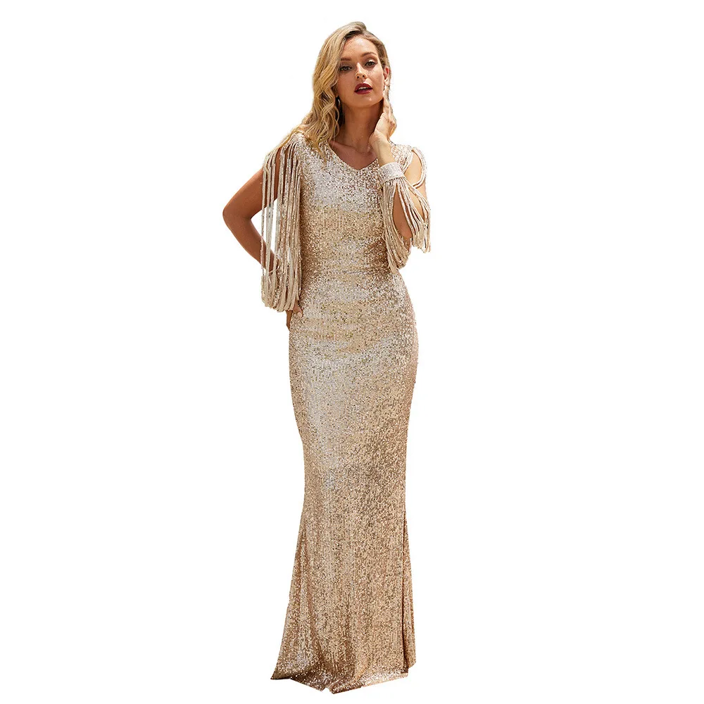 

Sequin Dress Europe and America Tassel Fashion Sexy Big Stretch Dance Costume Birthday Outfit Party Dress V-neck Party Dresses
