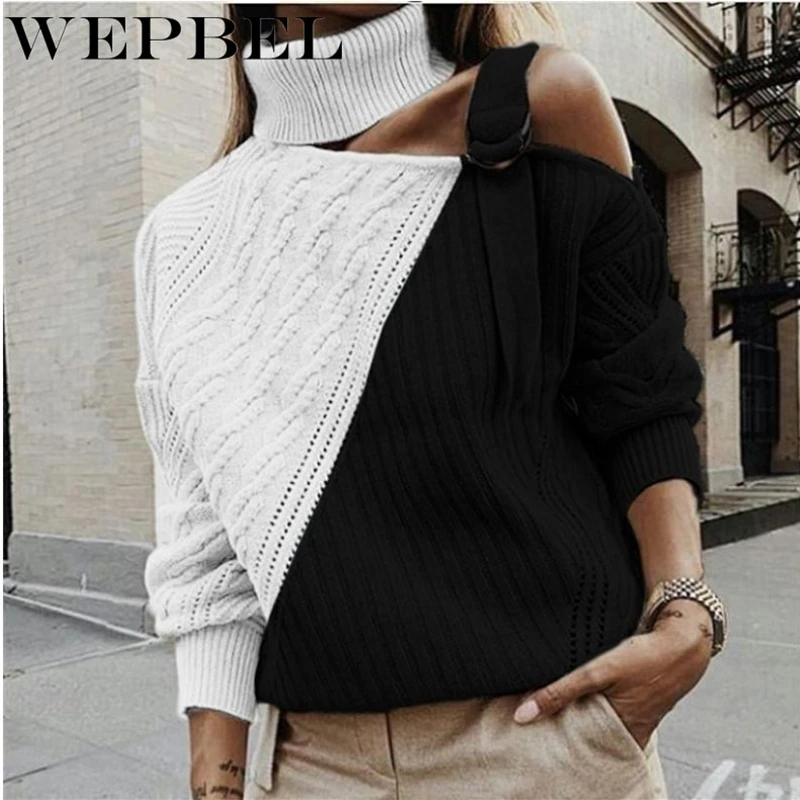 

Mandylandy Fashion Women's Cute Off Shoulder Knitted Tops Casual Long Sleeve Colorblock Sweater Spring Autumn Turtleneck Jumper