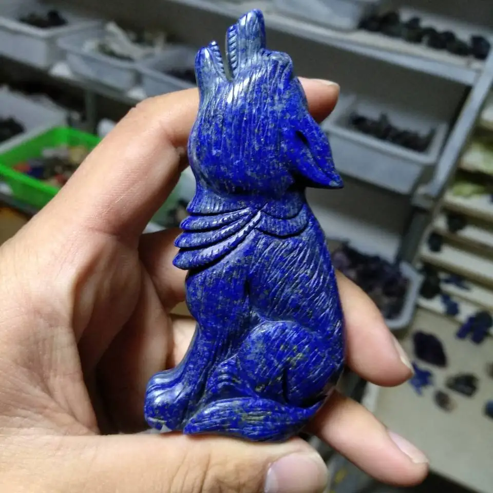 

4.9oz Hand Carved Natural Lapis Lazuli Crystal Sitting Wolf