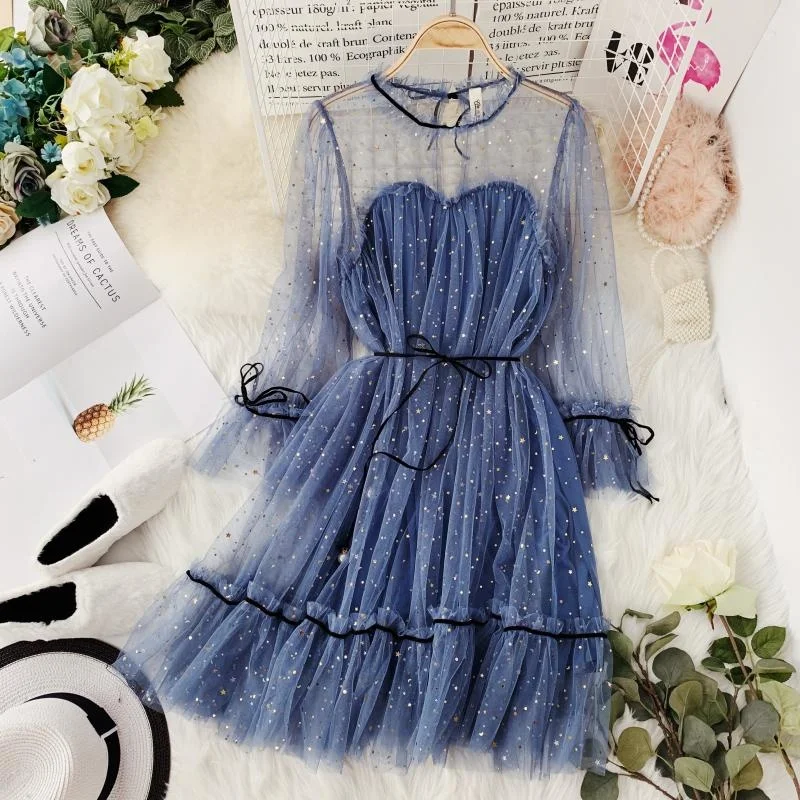 

Women Prom Star Shiny Sequins Gauze Dresses Flare Sleeve Lace-up Princess Dress Female Elegant Chrismas Mesh Puff dresses