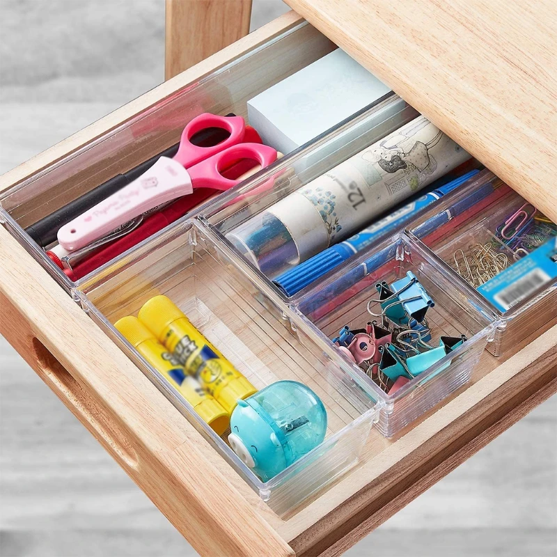 

LXAC 14 Pcs Desk Drawer Organizer Trays Cosmetic Storage Box 4 Different Sizes Large Capacity Plastic Bins Kitchen Organizers