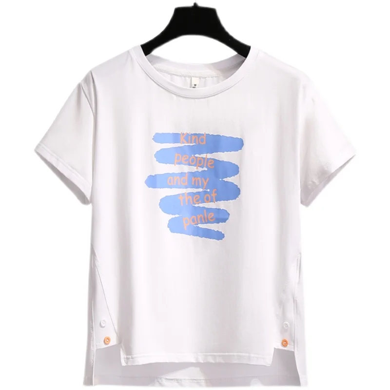 

EHQAXIN Summer Ladies Cotton Short Sleeve Letter T-Shirt Casual Round Neck Loose Irregular Side Split Button Top Trendy M-XL