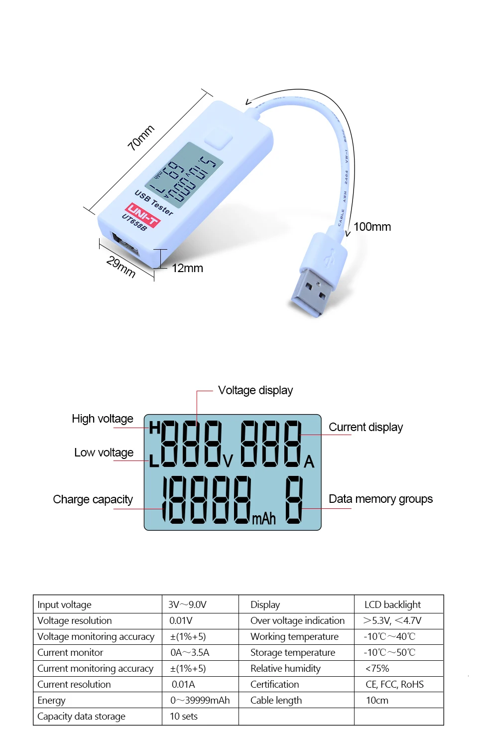 USB тестер U диск доктор зарядные устройства UNI-T UT658B напряжение и ток мониторы Макс 9 В с хранения данных напряжение измеритель тока