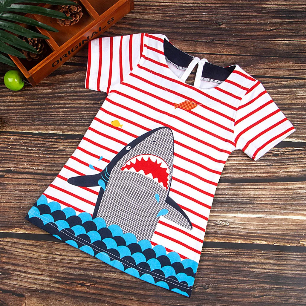 Dress For Baby Girls Cartoon Stripe Shark Print Short Sleeve Clothes Y87 | Детская одежда и обувь