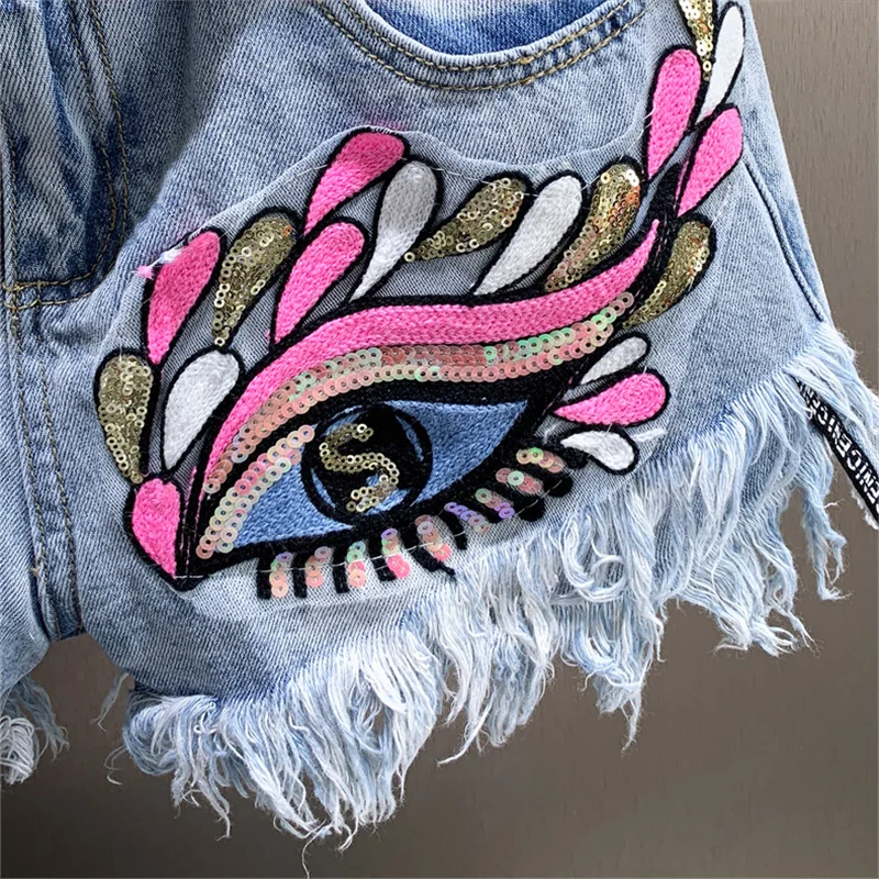 2022 Summer Women Cute 3D Cartoon Eyes Patchwork Tassel Denim Shorts Female Casual Streetwear Sequins Short Jeans Trousers