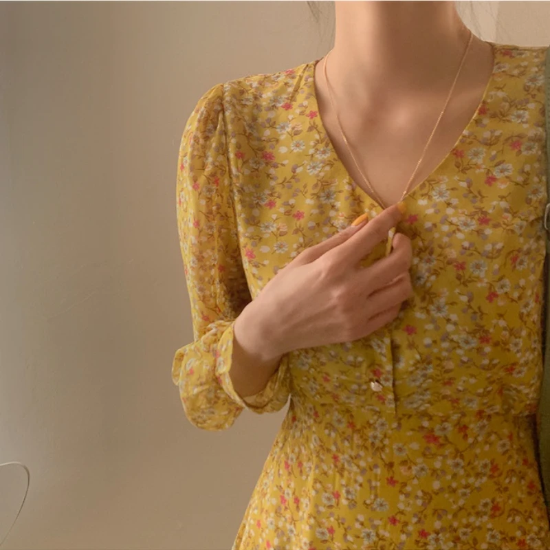 

Korean Chic Sweet Retro Print Long Sleeve Slim Waist Chiffon Dress Summer Simple Fashion Fresh V Neck Mini Vestido De Mujer