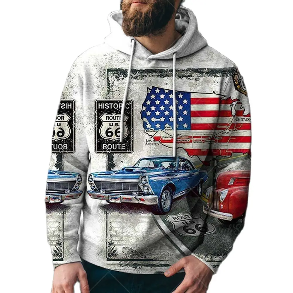 

Spring Autumn Men's Hoodies Oversized Loose Clothes Vintage Sweatshirts Fashion America Route 66 Letters Printed Hoody Clothing