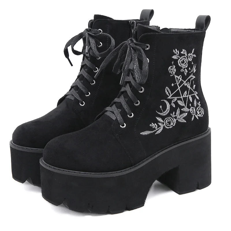 

Fashion Flower Platform Boots Chunky Punk Suede Leather Womens Gothic Shoes Nightclub Lace Up Back Zipper High Quality