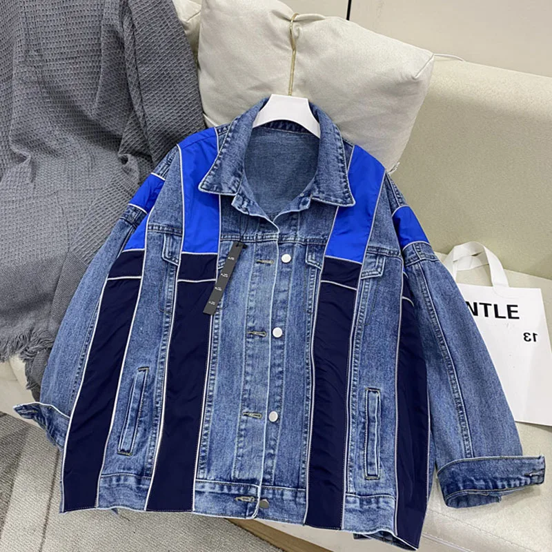 

Fashion Patchwork Hit the color Women Denim Jacket Korean Loose Long sleeve Jean Jacket Female Oversized Casual Jaqueta Feminina