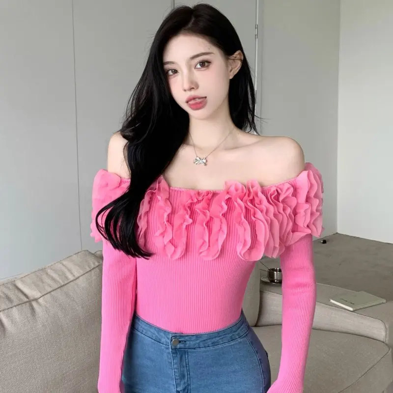 

Patched Ruffles Slash Collar Sweater Shirts Women Sexy Slim Stretchable Long Sleeve Sweaters Pullovers Femme Jumpers Tops