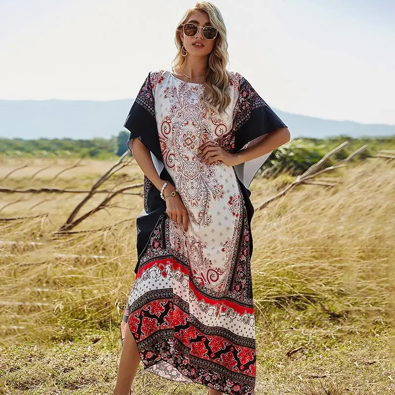Spring Summer 2021 Maxi Dresses For Women O Neck Long Dress Batwing Sleeve Loose Lace Up Waist Floral Patchwork Dress Streetwear