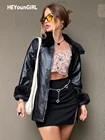 Куртка HEYounGIRL из искусственной кожи в стиле Харадзюку, Повседневная Свободная верхняя одежда из искусственной кожи с длинным рукавом, женский хип-хоп Байкерский пушистый воротник, уличная одежда