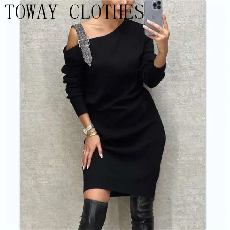 

Женское однотонное черное платье на одно плечо Стразы с пряжкой с длинным рукавом Повседневное платье