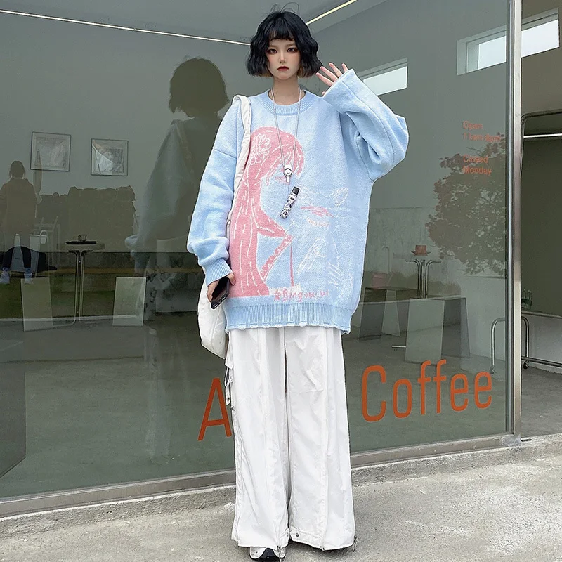 

KOSAHIKI 2021 Harajuku Cartoon Print Women Clothing Cute Print Fashion Tops Loose Casual Spring O Neck Knitted Pullover 11a009