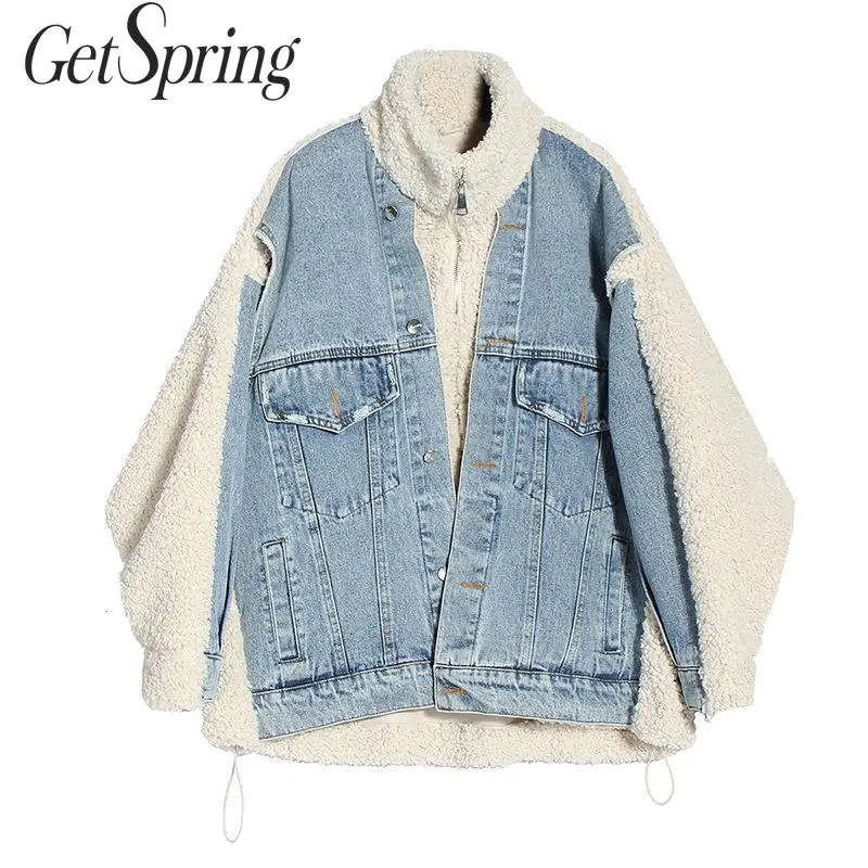 Getвесеннее Женское пальто имитация овечьей шерсти комбинированная джинсовая