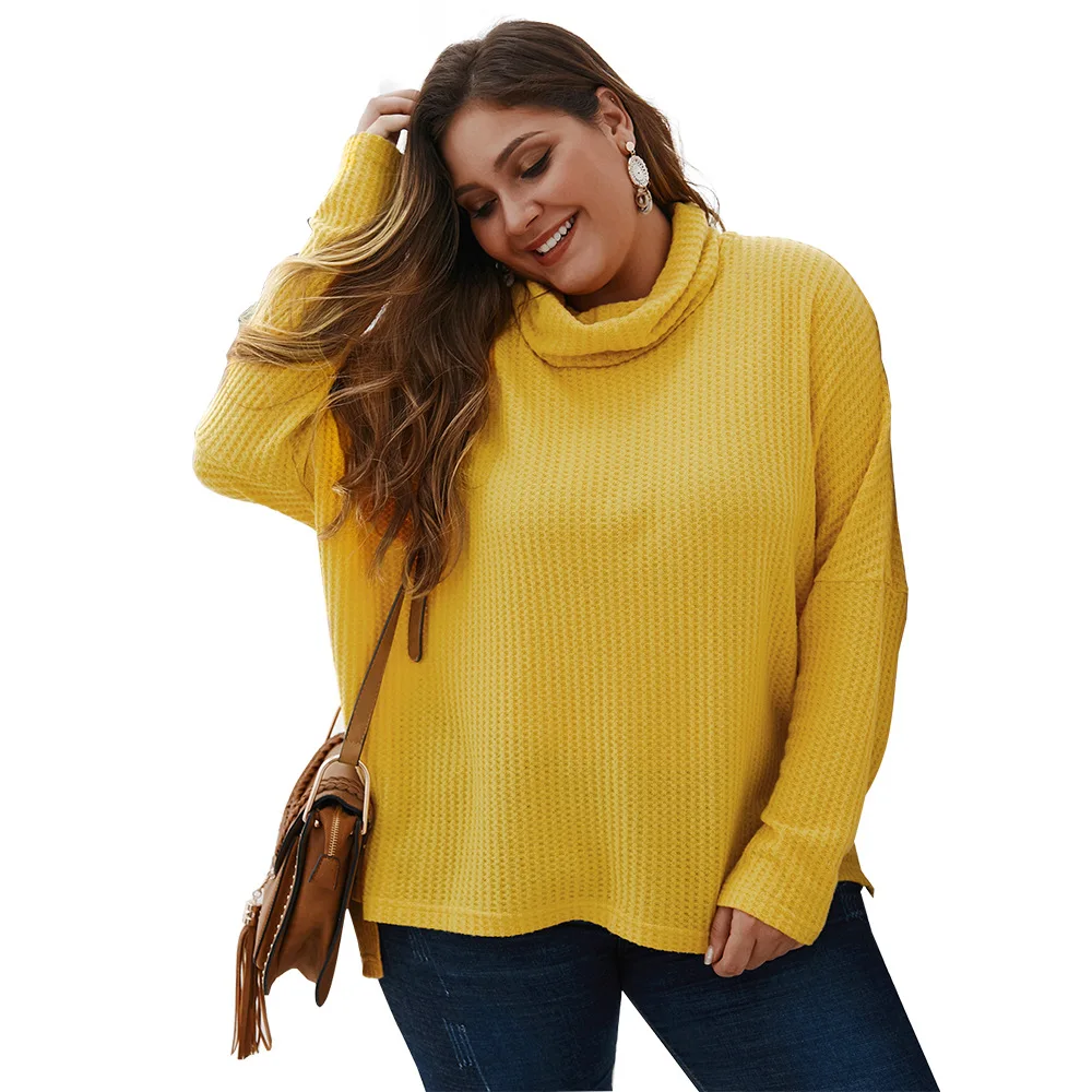 Plus size Solid Yellow Turtleneck Women sweater Autumn Elegant Long Batwing sleeve tops Casual side split office pullovers | Женская