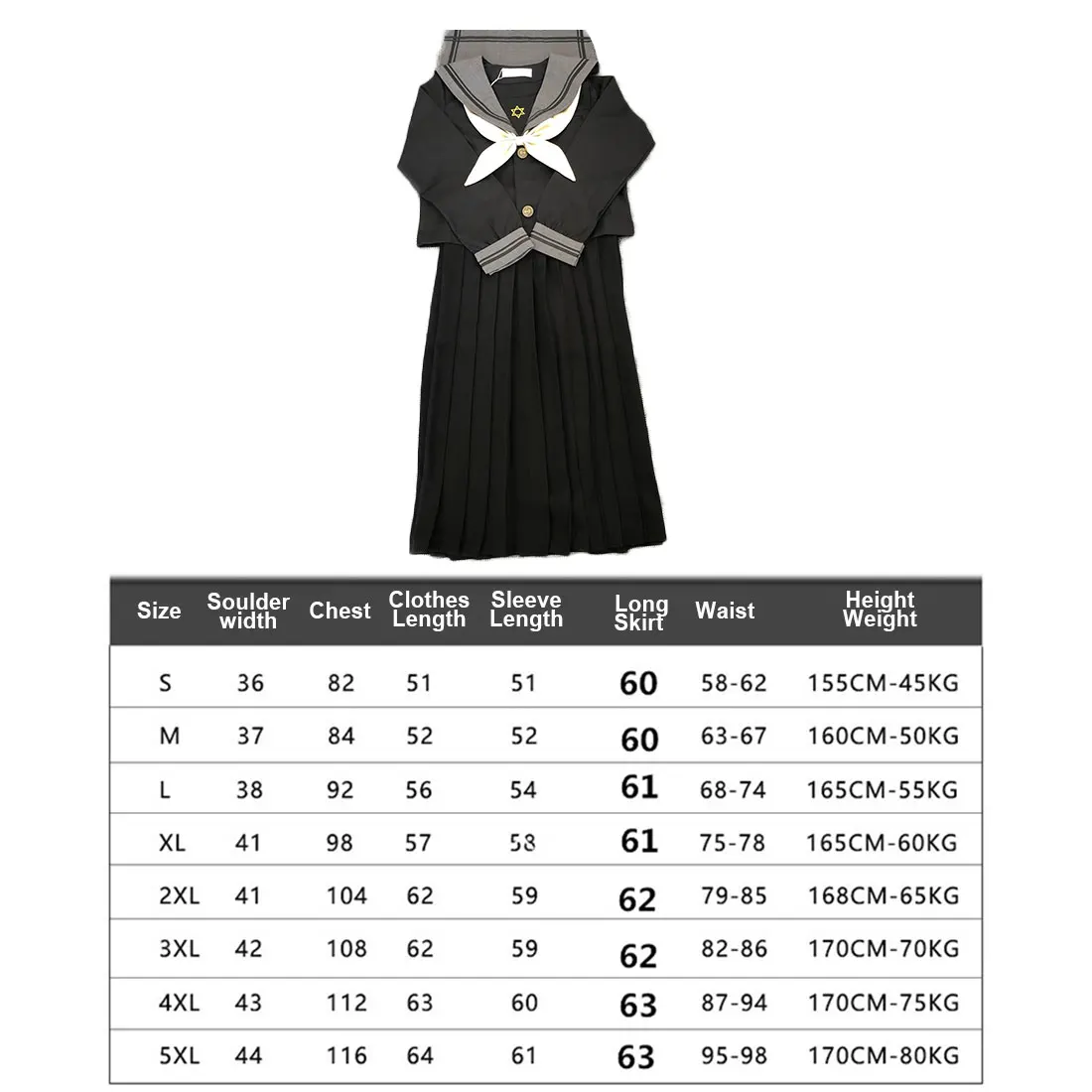 

JK Uniform Sailor Suit School Academy Costume Outfit Cosplay Party - 5XL 4XL XXXL XXL XL L M S (Long Sleeve + 60cm Skirt + Tie)