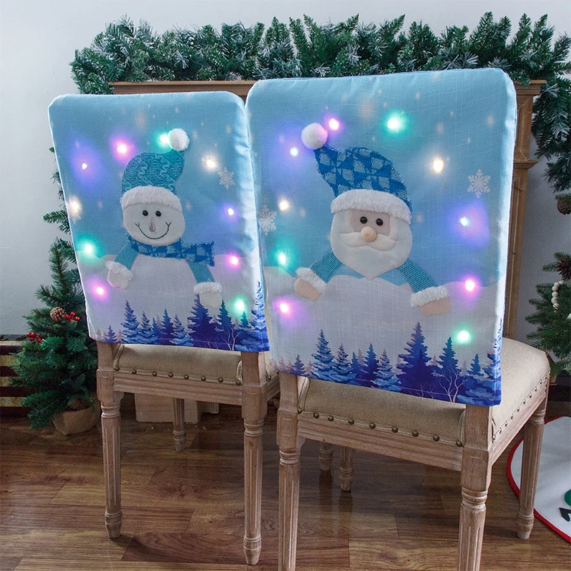 

LED Christmas Chair Cover Santa Claus Snowman Decorative Light up Chair Back Cap Covers for Dining Room Party Holiday Home Dec
