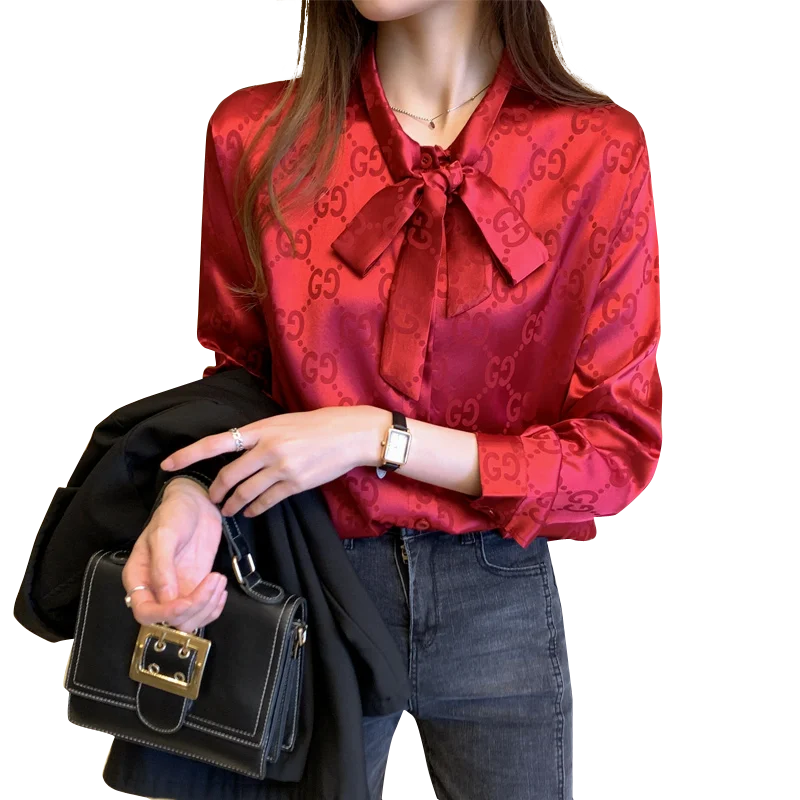 

Satin Shirt Ladies Bow Button Up Blouse 2021 Spring and Summer New Fashion Shirt Long Sleeve Womans Tops Dropshipping